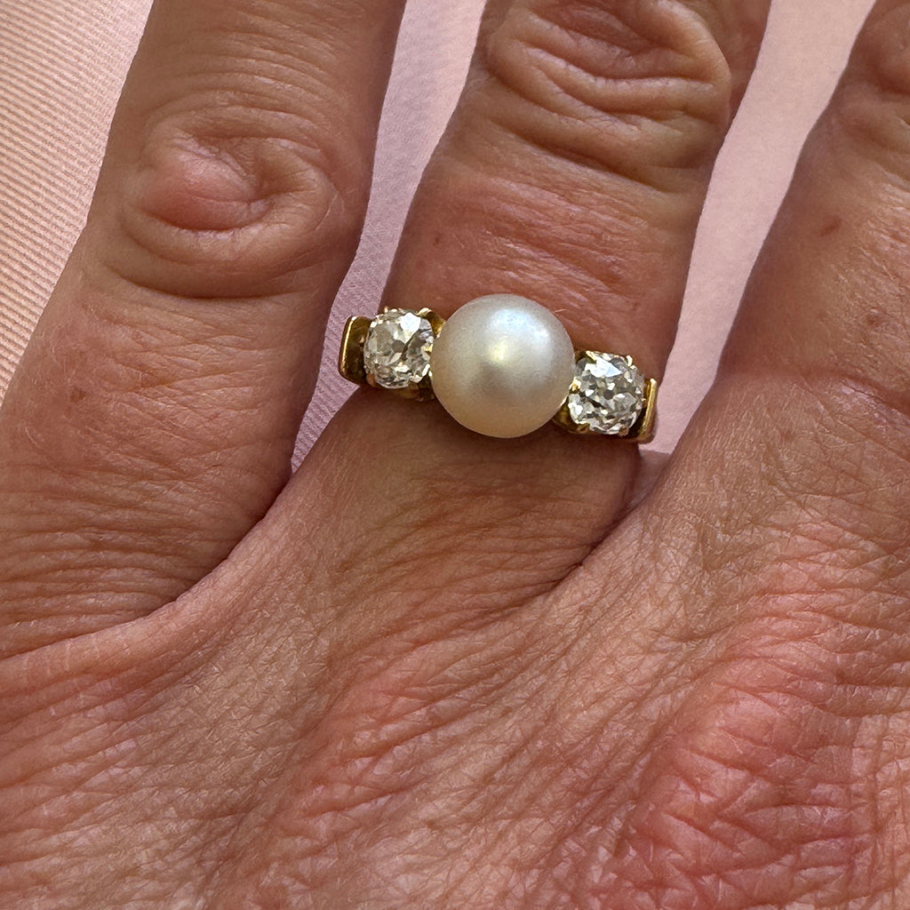 Edwardian Natural Pearl and Diamond Three-Stone Ring