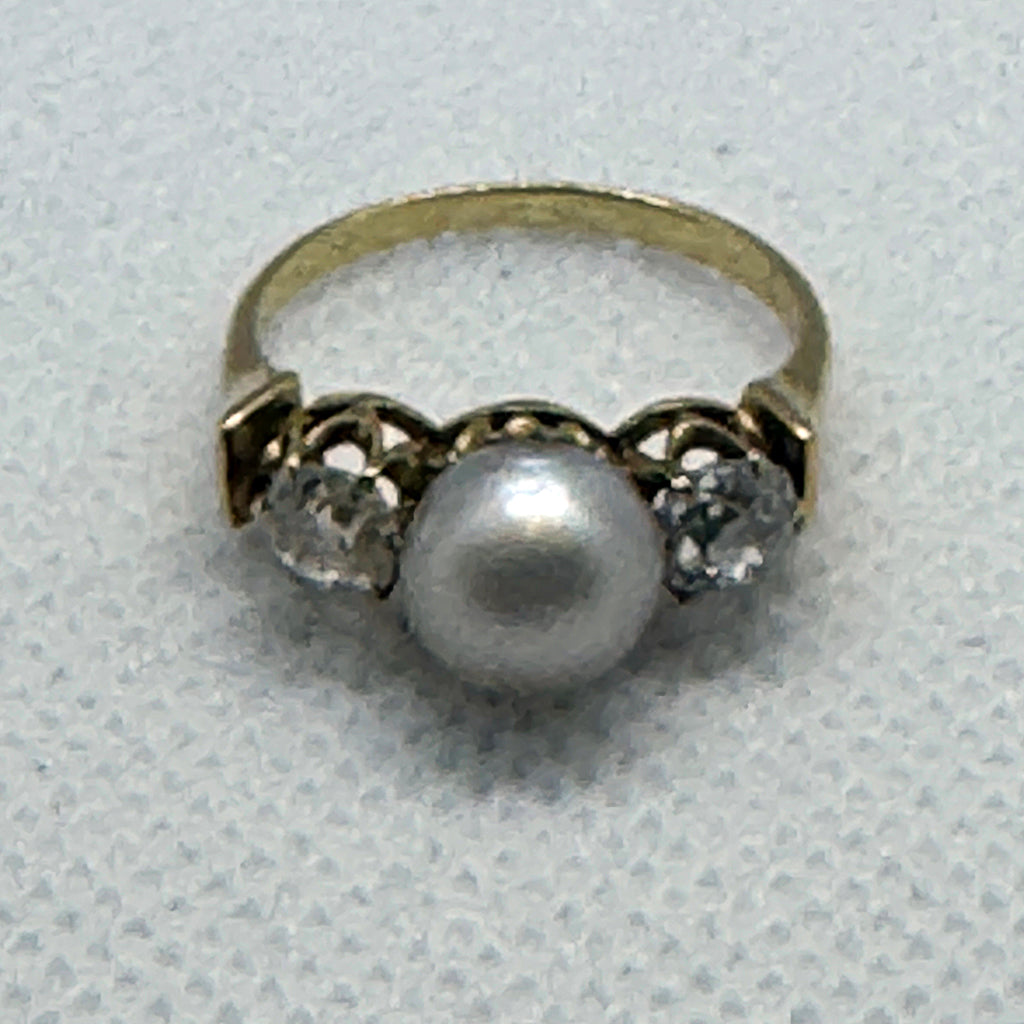 Edwardian Natural Pearl and Diamond Three-Stone Ring