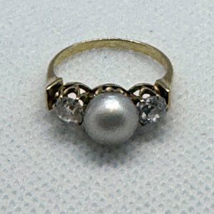 Edwardian Natural Pearl and Diamond Three-Stone Ring