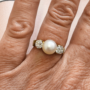Edwardian Natural Pearl and Diamond Three-Stone Ring