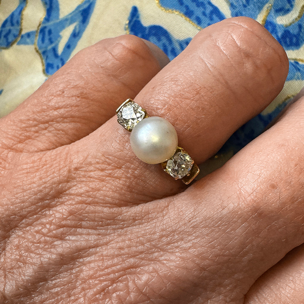 Edwardian Natural Pearl and Diamond Three-Stone Ring
