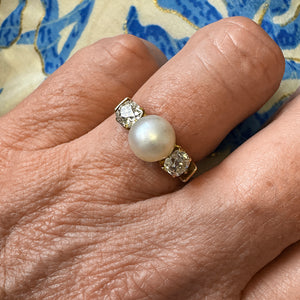 Edwardian Natural Pearl and Diamond Three-Stone Ring