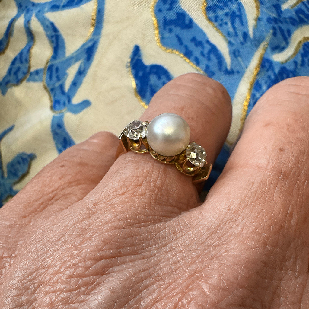 Edwardian Natural Pearl and Diamond Three-Stone Ring