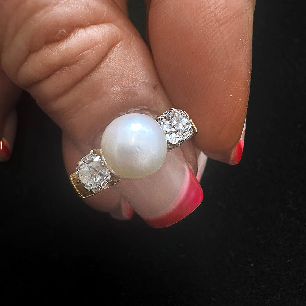 Edwardian Natural Pearl and Diamond Three-Stone Ring