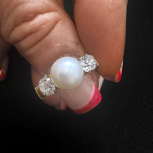 Edwardian Natural Pearl and Diamond Three-Stone Ring