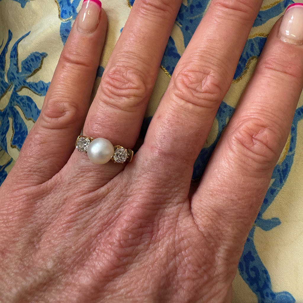 Edwardian Natural Pearl and Diamond Three-Stone Ring