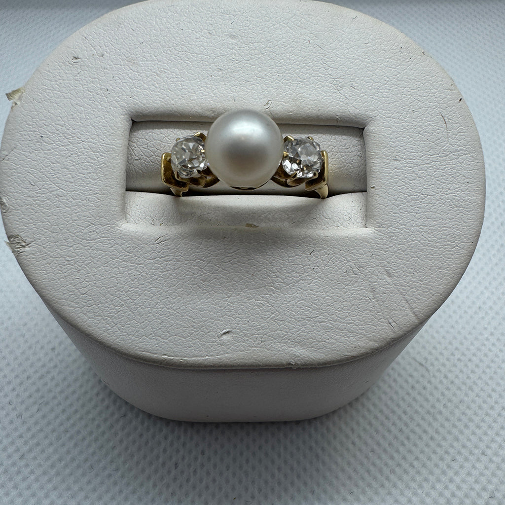 Edwardian Natural Pearl and Diamond Three-Stone Ring