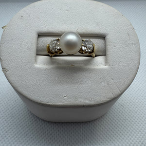 Edwardian Natural Pearl and Diamond Three-Stone Ring