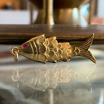 Silver Gilt Articulated Fish Pendant with Ruby Eyes