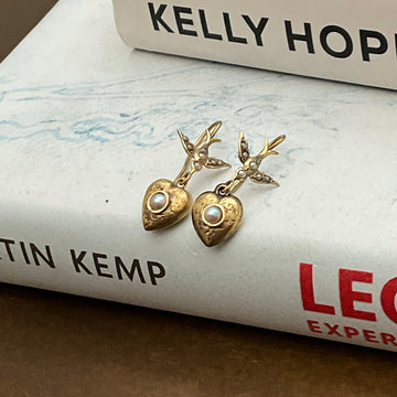 9ct Yellow Gold and Pearl Drop Earrings with Bird