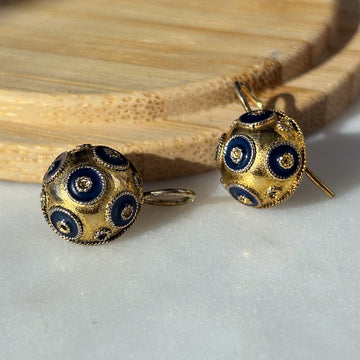 Vintage Yellow Gold & Blue Enamel Etruscan Boule Earrings – Gold Plated