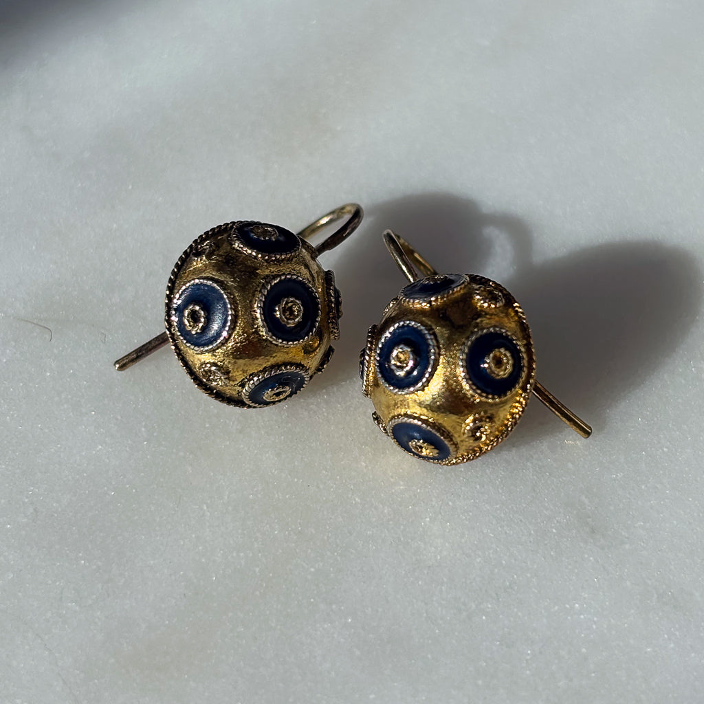 Vintage Yellow Gold & Blue Enamel Etruscan Boule Earrings – Gold Plated