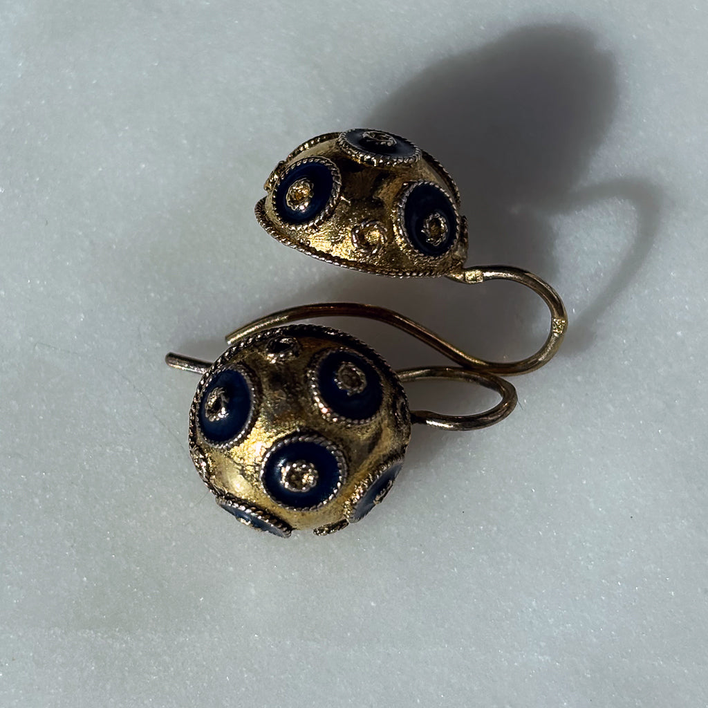 Vintage Yellow Gold & Blue Enamel Etruscan Boule Earrings – Gold Plated
