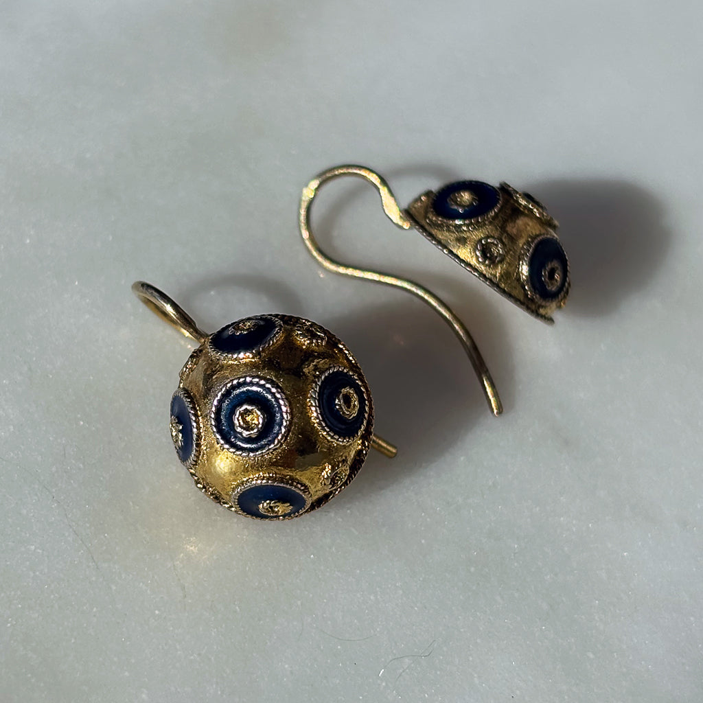 Vintage Yellow Gold & Blue Enamel Etruscan Boule Earrings – Gold Plated