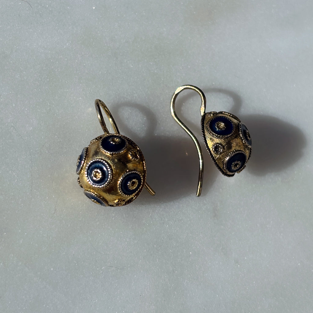 Vintage Yellow Gold & Blue Enamel Etruscan Boule Earrings – Gold Plated