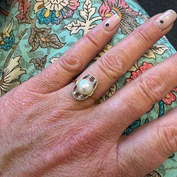1930s Pearl Ring with Ruby and Diamond Accents