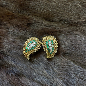 Leaf-Shaped Diamond and Emerald Clip-On Earrings