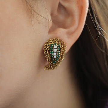 Leaf-Shaped Diamond and Emerald Clip-On Earrings