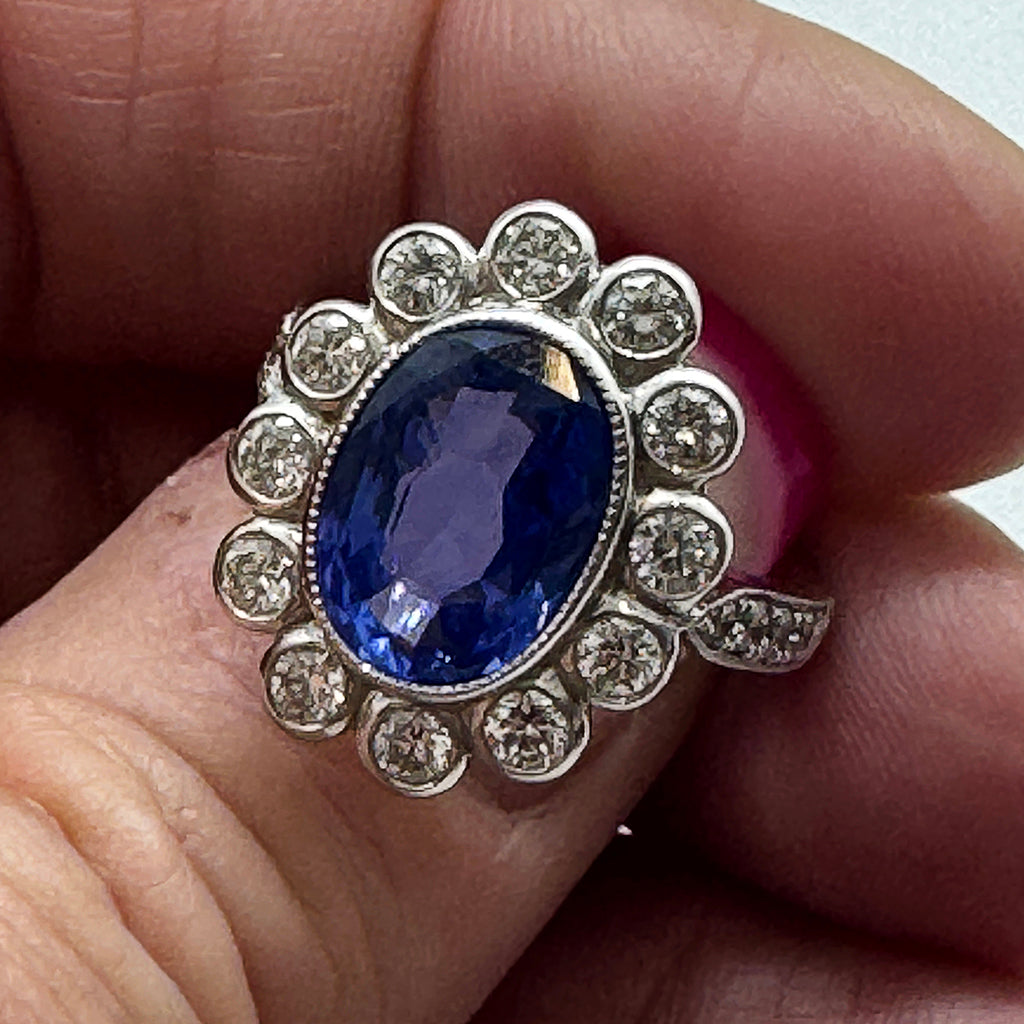 Oval Heated Ceylon Sapphire Platinum Ring, Deco Style