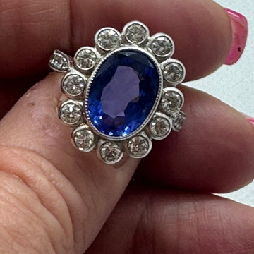 Oval Heated Ceylon Sapphire Platinum Ring, Deco Style