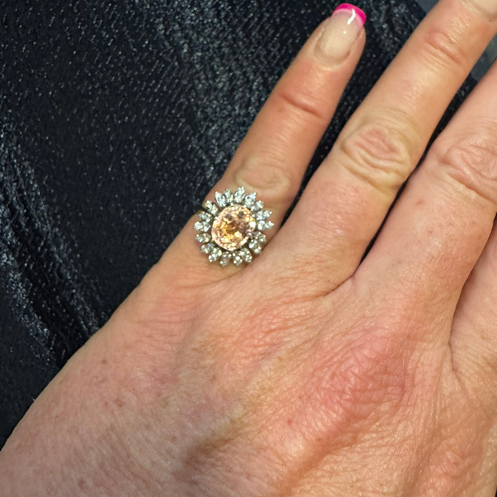Padparadscha Sapphire and Diamond Cluster Ring