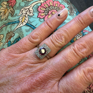 Rose Diamond Ring in Platinum & 18ct Gold, Art Deco Garnet