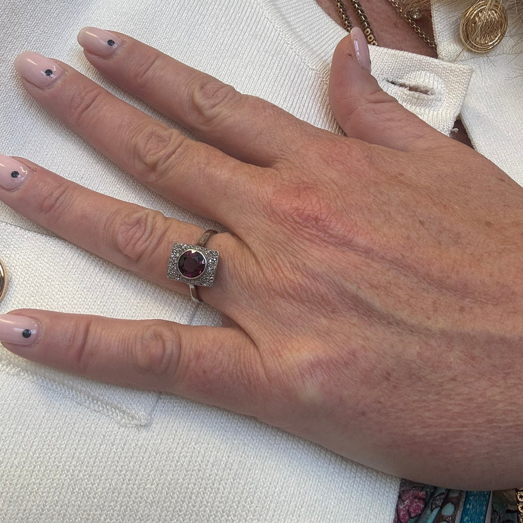 Rose Diamond Ring in Platinum & 18ct Gold, Art Deco Garnet