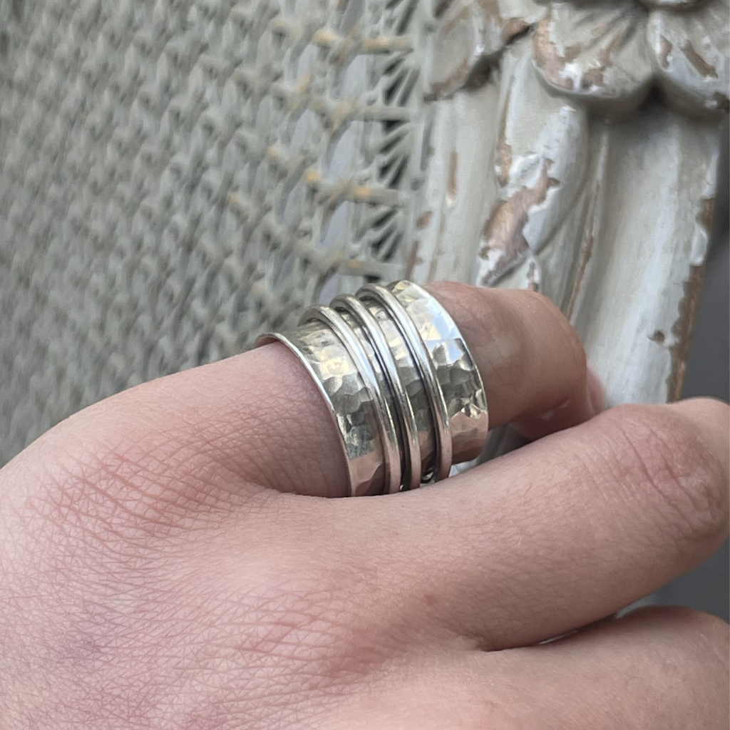 Solid Silver Hammered Spinner Ring with Three Spinning Bands – Size K 1/2