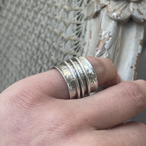 Solid Silver Hammered Spinner Ring with Three Spinning Bands – Size K 1/2