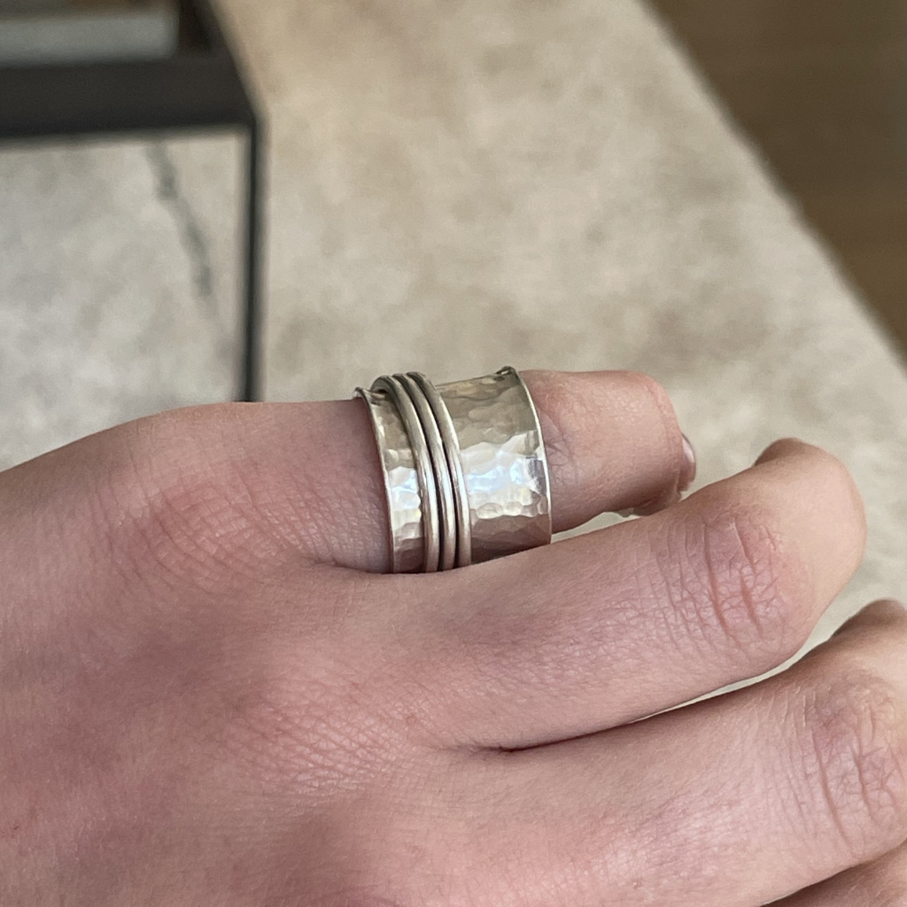 Solid Silver Hammered Spinner Ring with Three Spinning Bands – Size K 1/2