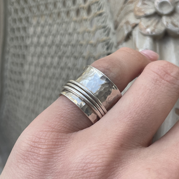 Solid Silver Hammered Spinner Ring with Three Spinning Bands – Size K 1/2