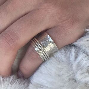 Solid Silver Hammered Spinner Ring with Three Spinning Bands – Size K 1/2