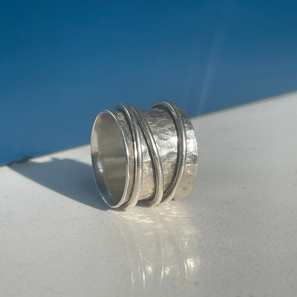 Solid Silver Hammered Spinner Ring with Three Spinning Bands – Size K 1/2