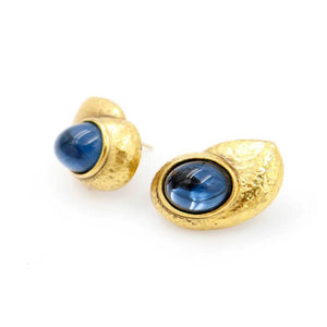 Yves Saint Laurent, Vintage Gold Plate and Blue Glass Stone Earrings, 1980s