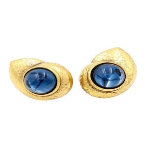 Yves Saint Laurent, Vintage Gold Plate and Blue Glass Stone Earrings, 1980s