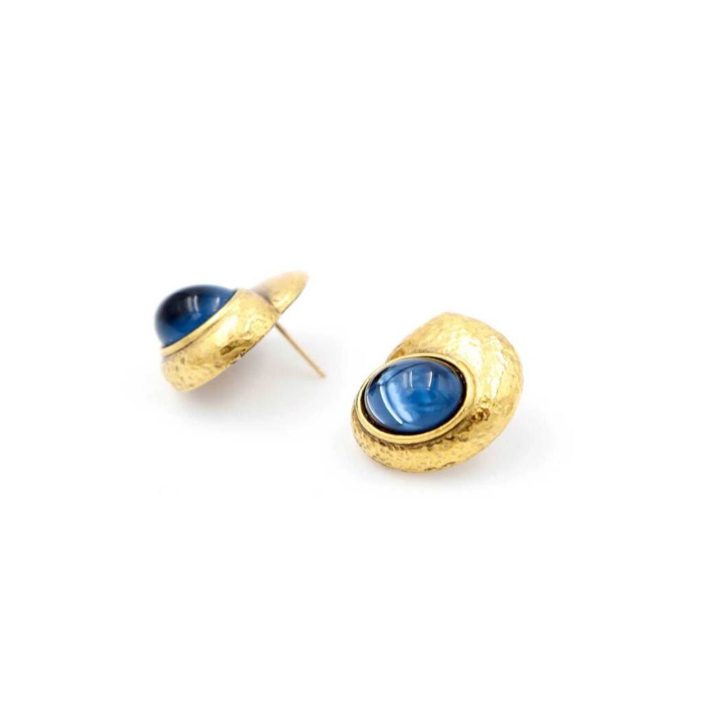 Yves Saint Laurent, Vintage Gold Plate and Blue Glass Stone Earrings, 1980s