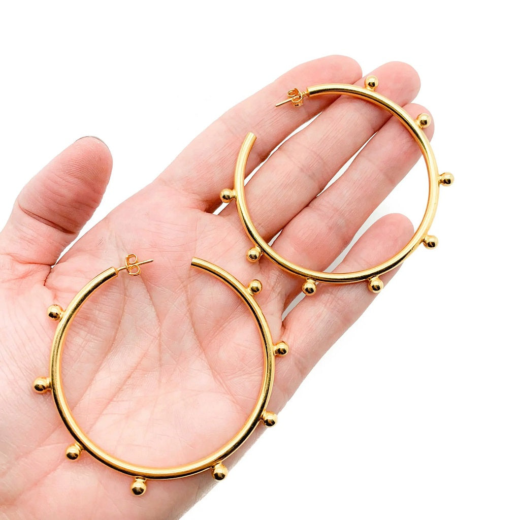 1990s, Vintage Statement Studded Gold Hoops
