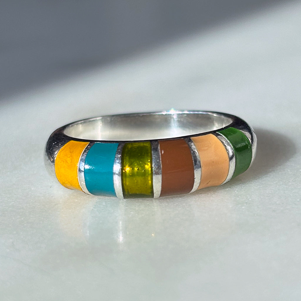 Vintage Sterling Silver and Multicoloured Enamel Dome Ring