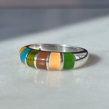 Vintage Sterling Silver and Multicoloured Enamel Dome Ring