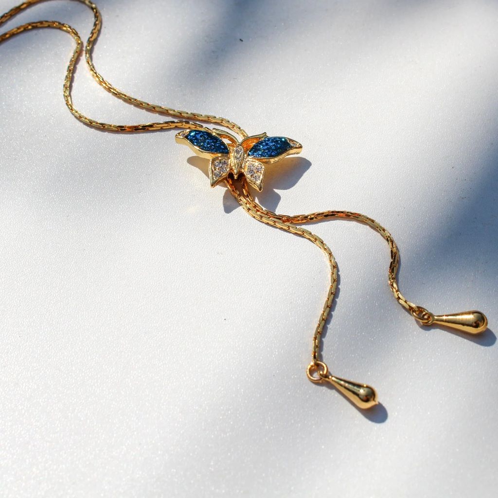 Blue Butterfly Pendant Lariat Necklace, 1980s