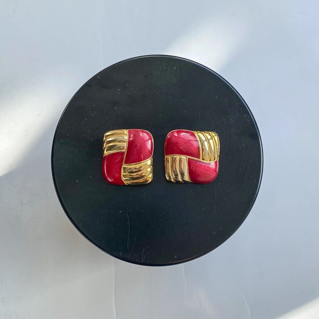 Red Enamel and Gold Plate Clip On Earrings, 1980s