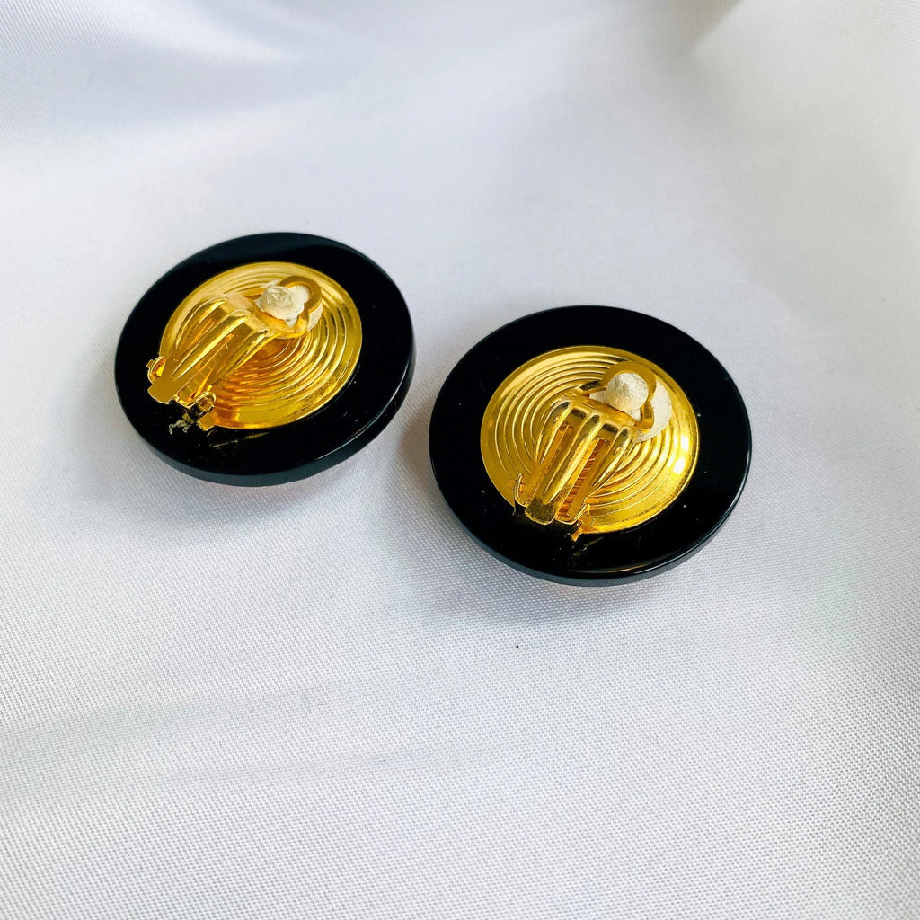 Oversized Gold and Black Lucite Clip Ons Earrings, 1980s