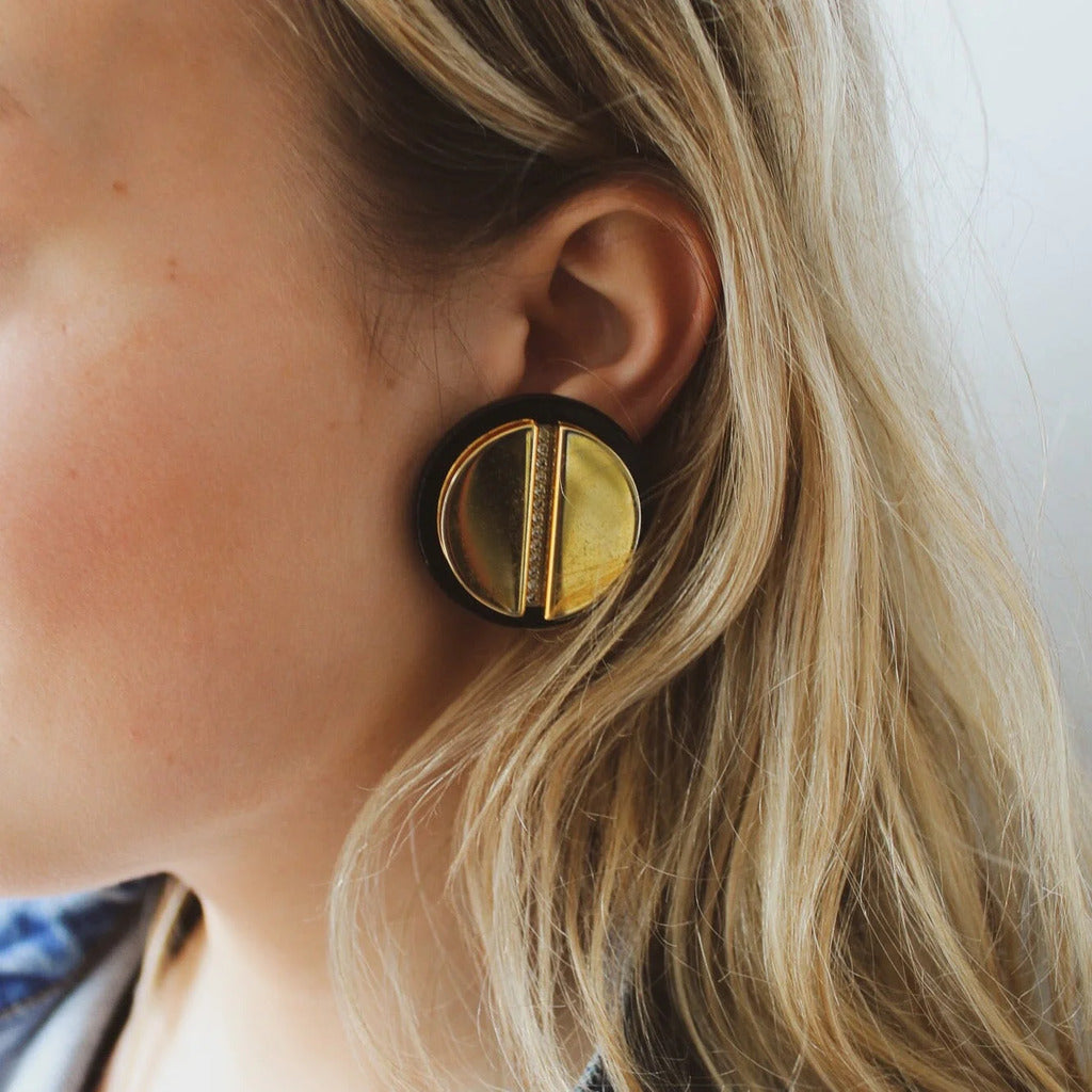 Oversized Gold and Black Lucite Clip Ons Earrings, 1980s