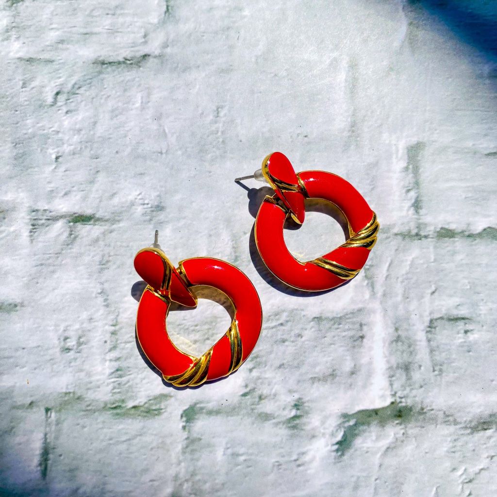 Red Enamel Hoop Earrings, 1980s