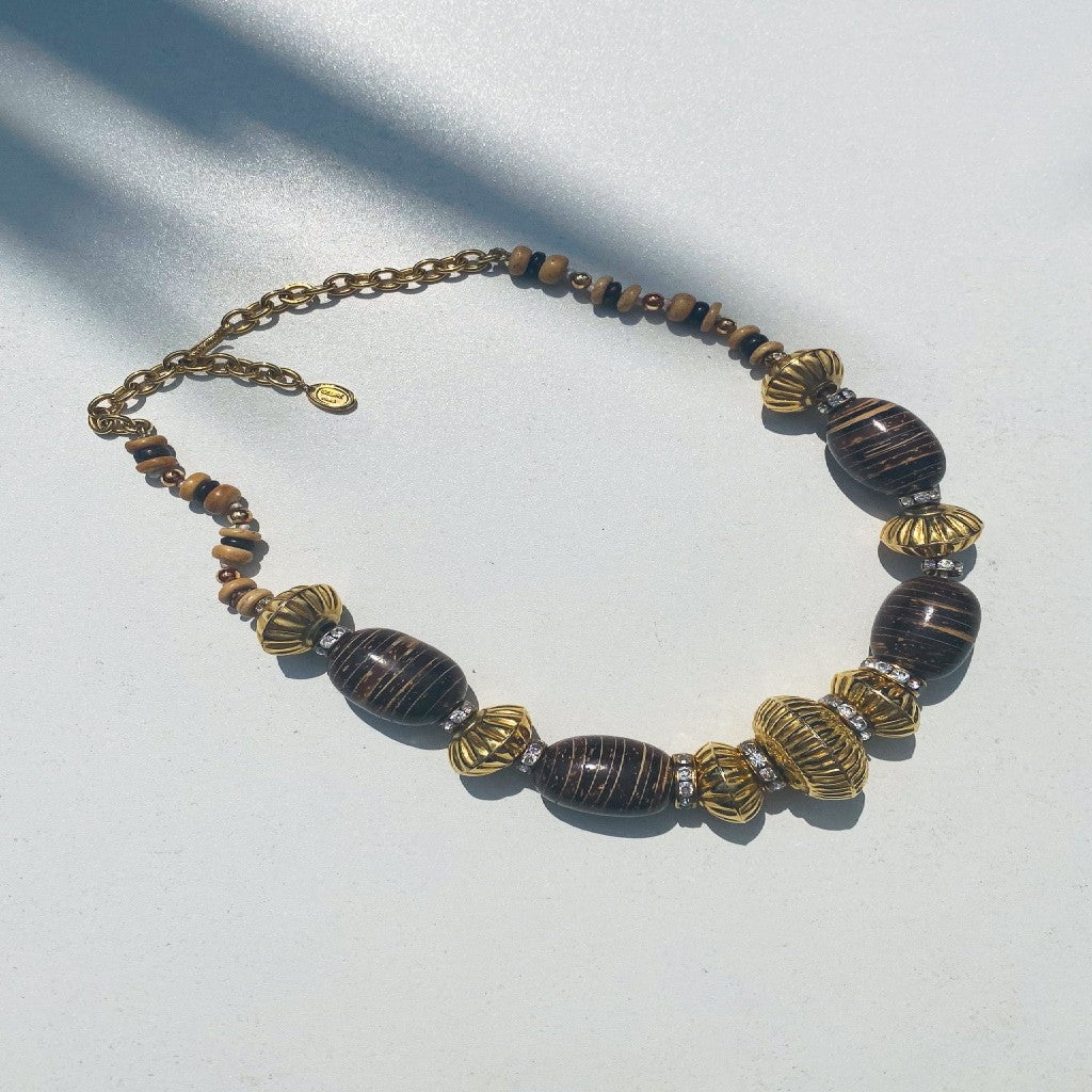 Celine Gold Plate and Wood Beads Necklace, 1980s