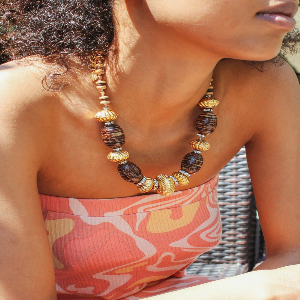 Celine Gold Plate and Wood Beads Necklace, 1980s