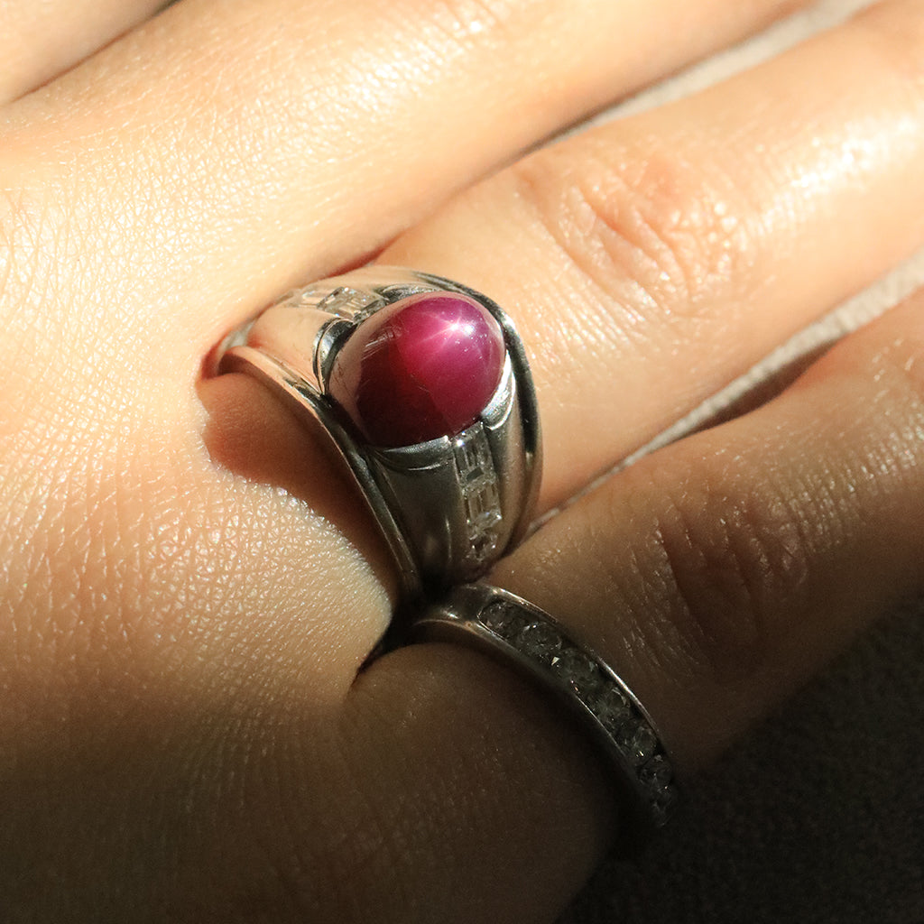 Vintage Late 1970s American Star Sapphire, Ruby, and Platinum Ring
