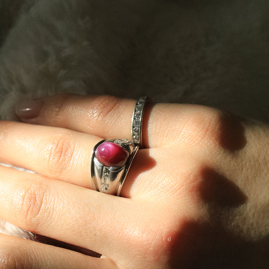 Vintage Late 1970s American Star Sapphire, Ruby, and Platinum Ring