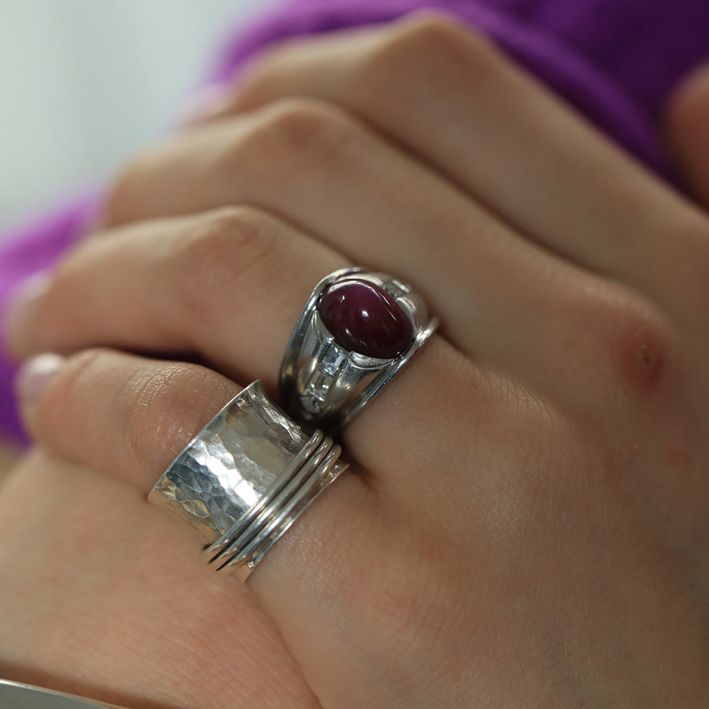 Vintage Late 1970s American Star Sapphire, Ruby, and Platinum Ring