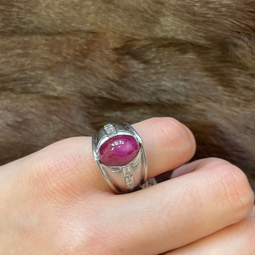 Vintage Late 1970s American Star Sapphire, Ruby, and Platinum Ring